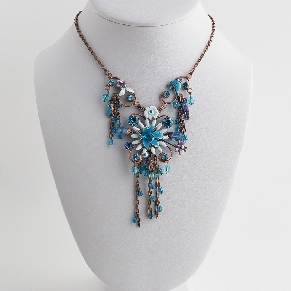 𝅺Copper Floral Pendant Necklace Statement Blue White Crystal Rhinestone Enamel